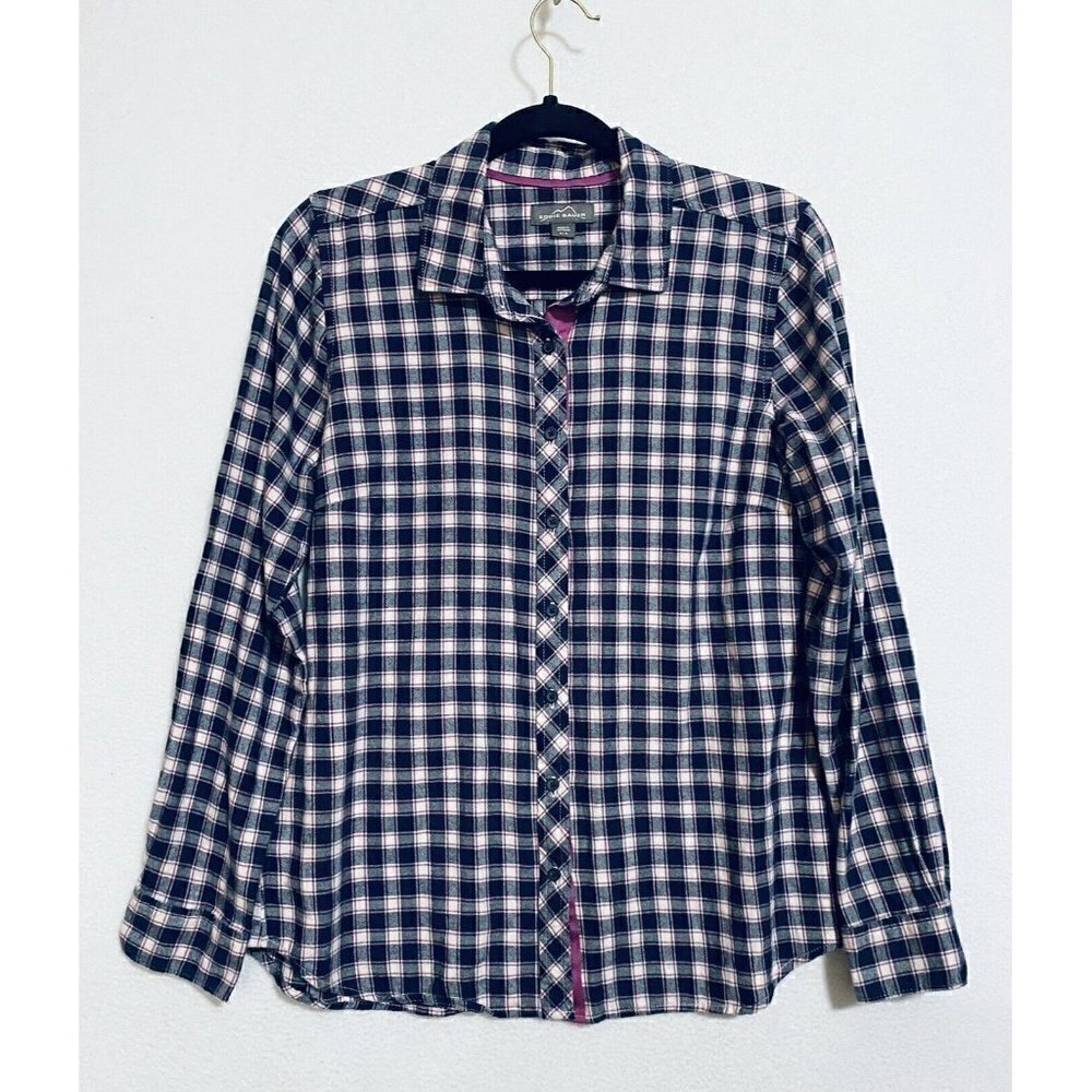 Eddie Bauer Top Womens Medium Plaid Button Up Flannel Pink Blue Cotton